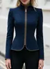 Chaqueta corta europea y americana de cuello alto con cremallera, estilo Amazon ajustada con ribete dorado para mujer, estilo commuter