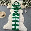 Vestido de Tricô de Alta Qualidade Estilo Chanel com Decote V Manga Curta Feminino Verão Slim-fit Saia Longa com Cintura de Botão Único