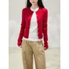 Cardigan Grossa de Tricô Vermelho com Mangas Longas para Mulheres Outono Slimming Design Valorizador Suéter Peça de Roupa Externa Top