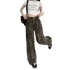 Jeans Novo Americano Retrô High Street Estampado de Leopardo Solto Reto, Calças de Cintura Alta Comprimento Total Novas para Primavera e Outono