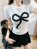 8526 # Camiseta de manga corta de verano nuevo estilo, pura y seductora, con lazo y encaje empalmados, para mujer, corte ajustado con copas fijas en el pecho