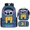 Mochila escolar de tres piezas con diseño de dibujos animados de Stitch, ideal para estudiantes de primaria y secundaria.