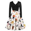 D Halloween novas mulheres transfronteiriças Europa e Estados Unidos retro feminino queimando flor colarinho manga longa preto feitiço impressão vestido