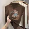Camada base feminina com forro de fleece, nova coleção outono/inverno 2026, gola alta, camiseta estampada de manga longa, top infantil em tecido escovado