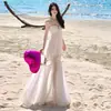 Vestido blanco halter plisado de alta resistencia para mujer, túnica veraniega vaporosa y etérea, vestido largo de gasa para vacaciones, vestido formal ligero de cumpleaños