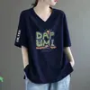 Camiseta de Manga Corta para Mujer de Comercio Exterior Transfronterizo, Cuello en V, Nuevo Estilo de Verano, Holgada, Talla Grande, Cubre Vientre, Adelgazante, Top Camiseta Estampado de Moda