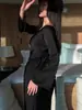 Vestido de Cintura Estilo Nacional Holgado para Mujer Primavera y Verano 2025 Color Sólido Cuello Redondo Manga Larga