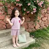 Nuevo Conjunto de Verano para Niñas: Conjunto de Camiseta Rayada con Top de Lazo y Shorts, Conjunto Sencillo de Dos Piezas de Manga Corta para Niños