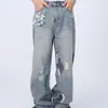 Jeans Rectos de Color Block Retro Graffiti Streetwear de Moda para Verano Pantalones Anchos de Pierna Ancha de Longitud Completa Estilo Americano High Street para Hombre