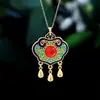 Pingente de Prata S925 com Cabochão de Ágata Vermelha do Sul Imitação e Pingente de Esmalte Corrente para Suéter Estilo Antigo