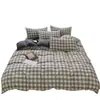 Juego de Ropa de Cama Cuatro Piezas de Lino Retro Grueso con Pliegues y Cuadros, Algodón Lavado al Agua Amigable con la Piel, Funda Nórdica, Sábana Plana, Sábana Ajustable