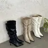 Botas longas de salto alto bico fino, botas femininas elegantes e que afinam a silhueta, novo estilo outono 2026, botas longas plissadas empilhadas de salto fino acima do joelho