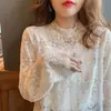 Blusa de Encaje Súper de Hada para Mujer, Nueva Versátil de Manga Larga con Cuello Medio Alto Base de Malla Top