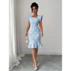Comércio Exterior Transfronteiriço Europeu e Americano Novo Estilo de Verão Vestido Leve de Margaridas Pequenas Vestido de Manga Curta Cauda de Peixe Slim Fit