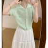 Umi Camiseta de Punto Calado de Manga Corta Estilo Coreano para Mujer Verano 2025 Nuevo Color Helado Top Corto