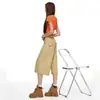 Jeans Laranja Infantil # Bolso com Aba Tendência Lavado Wide Leg para Mulheres, Caimento Solto, Emagrecedor, Fashion, Versátil, Calça Cropped de Barra Reta.