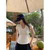Camiseta de Manga Corta Elástica Ajustada Color Liso Básico Hombro Derecho Cuello en U para Mujer Verano Baishuwang Climbing Wardrobe King Fried Posición C