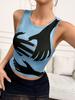 Tendencia de Moda de Verano Transfronteriza Europea y Americana para Mujer Sin Mangas Estampado de Posicionamiento Palma Cuello Redondo Ajustado Chaleco