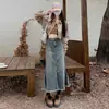 Saia Midi Retrô Cauda de Peixe Saia Jeans de Verão Feminina Bainha Desfiada Cintura Alta Emagrecedora Linha A Cobrindo o Quadril