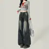Jeans boca de sino cintura alta estilo americano para mulheres, outono e inverno, forrado com fleece, não gruda no corpo, para tipo de corpo pera, calça bootcut de corte amplo