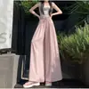 Foto real de los nuevos pantalones casuales de lino de cintura alta, estilo de principios de otoño, de longitud media, plisados, con cordón, de pierna ancha para mujer