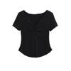 6099-vento puro decote V plissado bainha curva manga curta camiseta 2025 novo slim hot girl camisa de base feminina