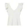 Top de punto estilo Deseo Puro Dulce y Picante con Cuello en V y Mangas Acampanadas, Nueva Moda de Primavera Versátil Ajustado Color Sólido Camiseta sin Mangas para Mujer