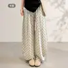 Calça de linho casual com bolinhas para mulheres, cintura elástica, versátil, solta, estilo preguiçoso, calça reta de perna larga fina de verão