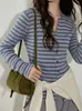 Suéter de punto a rayas color block retro con cuello en V y manga larga para mujer, primavera/otoño, estilo preppy, cárdigan sofisticado y adelgazante 10817