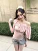Design Chic Irregular Ruffled Manga Comprida T-Shirt Doce Rosa Slim-Fit Off-Ombro Top Roupas Femininas