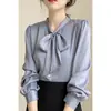 Blusa Azul con Lazo Diseño Femenino Sentido de la Moda Nicho Temperamento Profesional Camisa Top de Gasa Atado Primavera Otoño Manga Larga