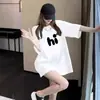 Camiseta preta Feminina Manga curta Cobre o bumbum Comprimento médio Cobre o bumbum Tamanho grande Solta Carta Top de algodão Feminina Meia-manga Verão