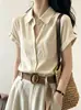 Camisa de Manga Curta Damasco com Lapela Estilo Old Money Francês para Mulheres Verão Fina de Tencel Linho Mangas Bufantes Pequenas Top Sem Mangas