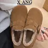 Sapatos Femininos de Camurça de Vaca com Cobertura Total Estilo Birkenstock, Sapatos Quentes de Algodão com Forro de Lã, Botas de Neve, Novos Mocassins Peludos Femininos de Calçar