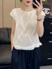 Camisa Feminina Patchwork de Madeira Francesa com Mangas Bufantes Verão 2026 Novo Design Fresco com Gola Redonda Top Pequeno