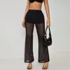 060148 Pantalones Acampanados de Malla Perforada Negra Sexy de Seda de Leche Transparentes Adelgazantes Estilo Chica Caliente Estilo Discoteca Pantalones Largos
