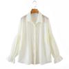 Camisa de Protección Solar de Manga Larga Talla Grande Runqi para Mujeres de Talla Grande, Mangas Fruncidas Negras y Blancas, Camisa Delgada de Protección Solar Pura Deseo Tencel N8402
