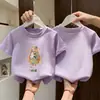 Camiseta de Algodão Manga Curta Estampa Cartoon Fofa de Verão para Meninas 2026 Nova Roupa Infantil Cartoon Gola Redonda