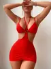 Vestido Sexy de Malla con Cuello Halter Transparente Bodycon Estilo Europeo y Americano con Diseño Fruncido y Falda Ceñida al Cuerpo para Exportación