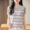 Camisola de Punto a Rayas Arcoíris para Mujer, Ropa de Verano para Llevar por Encima, Estilo Spice Girls, Sexy, Escote Redondo en la Clavícula, Top Corto sin Mangas