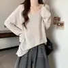 Suéter de Punto de Manga Larga con Cuello en V para Mujer, Camiseta de Punto para Principios de Otoño, Nuevo Estilo, Talla Grande, Adelgazante, Holgado, Casual para Mujeres con Sobrepeso