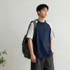 Camiseta Estilo Americano Moderna Color Block de Algodão Puro Manga Curta para Homem, Mangas Raglan, Casual Solto Versátil de Verão