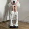 Calcetines Blancos Lolita de Encaje Multicapa Hasta la Rodilla Calcetines de Terciopelo Delgado de Verano para Muslo Alto con Lazo