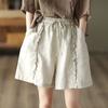 Gongyu Weng Pantalones Cortos de Algodón y Lino para Mujer Verano Nuevo Retro Industria Pesada Borde de Oreja con Cordones Holgados Casual Piernas Anchas
