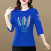 Superávit de comercio exterior transfronterizo, blusas para mujeres de mediana edad y mayores, talla petite, corte holgado, estampadas, versátiles, camiseta de manga tres cuartos