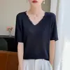 Camisa Manga Curta Solta Decote V de Linho Tencel Estilo Relaxado, Respirável e Confortável com Acabamento Sem Costura, Versátil para Uso Casual de Verão Venda por Atacado