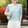 Cardigan de algodão puro estilo novo de verão, gola V, corte solto, cintura alta, estilo coreano, cor sólida, tricotado, mangas três quartos, top de outer wear fino para mulheres
