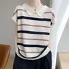Camiseta a Rayas Estilo Americano para Mujer, Bloques de Color, Juvenil, Mangas Volantes, Cuello Polo, Top de Verano de Manga Corta de Tencel, Ropa Casual