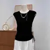 Top de punto de manga corta irregular y elegante, estilo de verano nuevo, fresco y único, con pliegues, cordón, cordones y abertura
