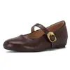 Zapatos de verano slip-on para mujer de estilo retro francés con hebilla metálica, planos poco profundos de cuero genuino retro francés con punta redonda